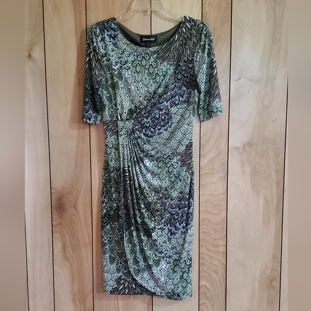 Connected Apparel Green Ruched Sheath Dress